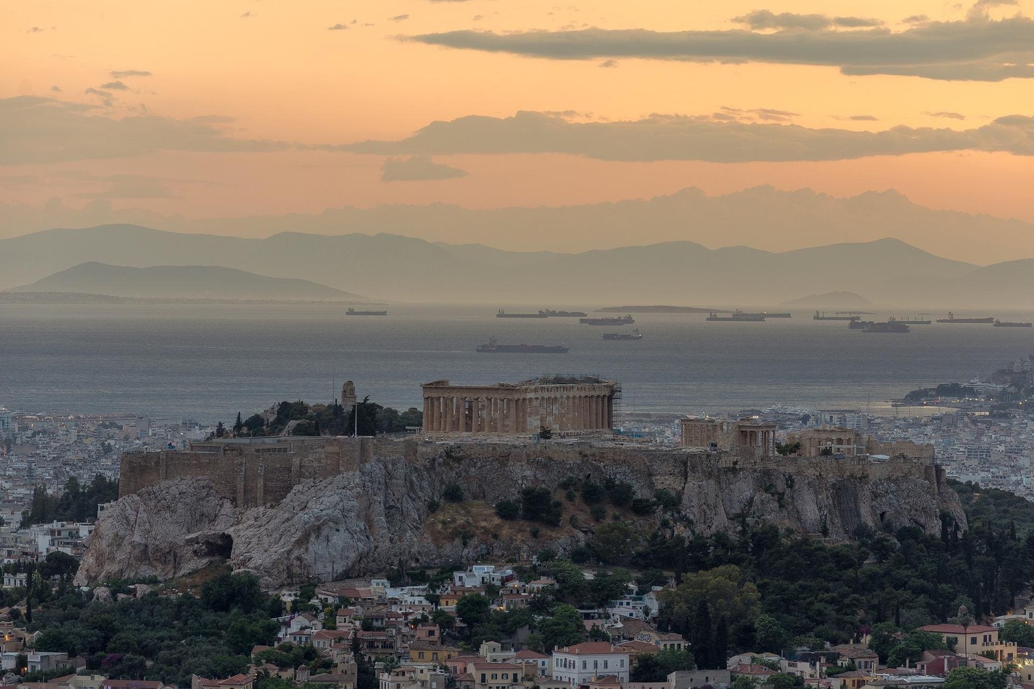 Athen, Blick auf die Akropolis, Sonnenuntergang