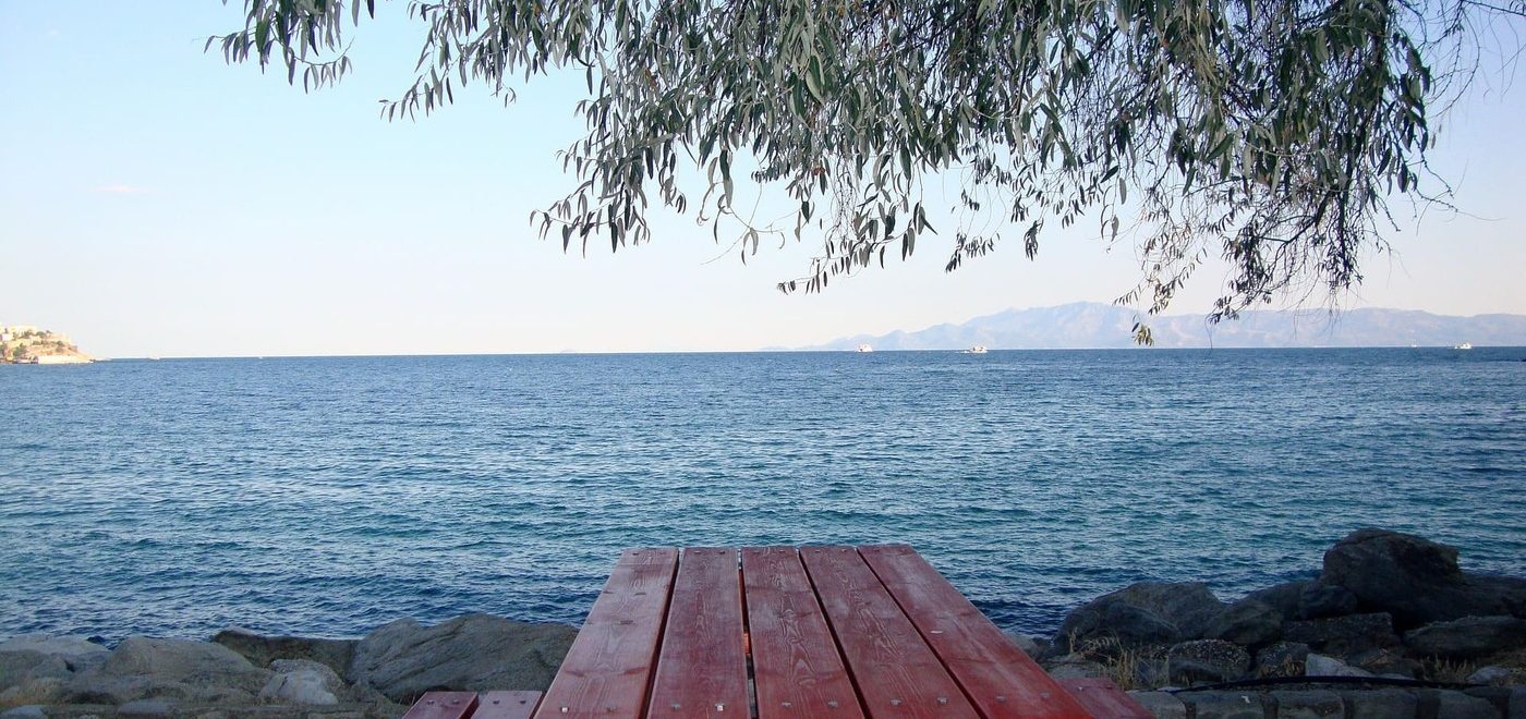 Roter Tisch mit roten Bänken, dahinter das Meer, Olivenbaumzweig