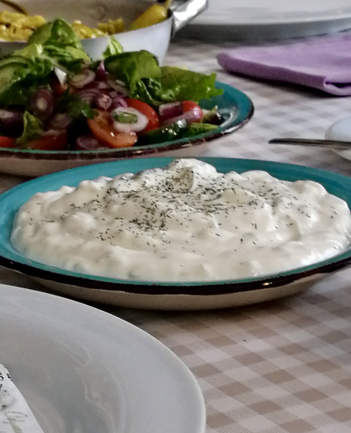 Teller mit weißer Creme und Kräutern, im Hintergrund ein bunter Salat, auf karierter Tischdecke ihn braun.